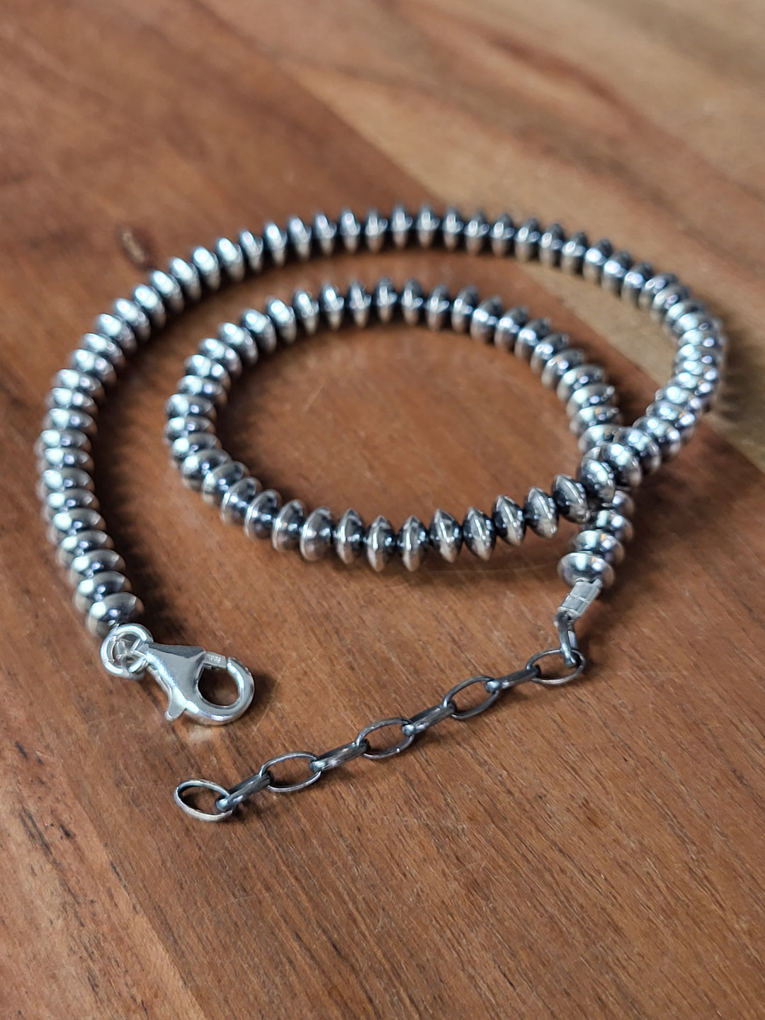 Oxidized 925 Sterling Silver Saucer Bead Necklace 6mm 14" + 2" extension