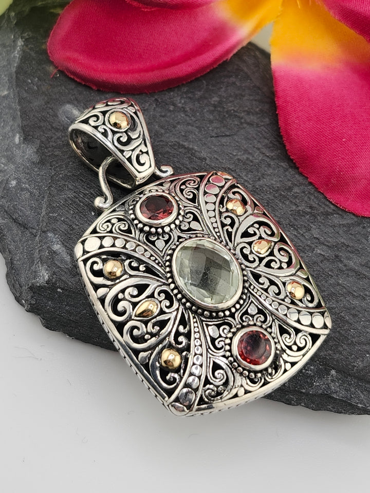 Green Amethyst (Praisolite)/Garnet & 18k Accented Bali Pendant