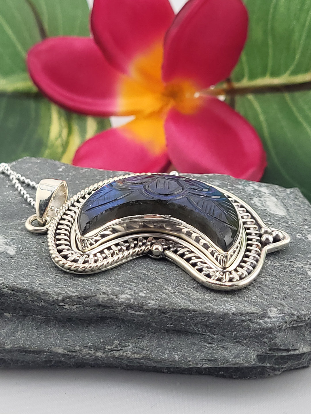 Carved Blue Labradorite Crescent Moon Necklace