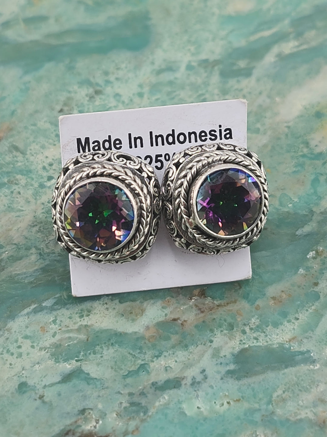 Bali 925 Sterling Silver and Mystic Topaz Stud Earrings