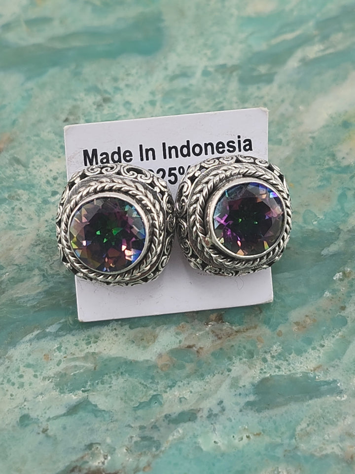 Bali 925 Sterling Silver and Mystic Topaz Stud Earrings