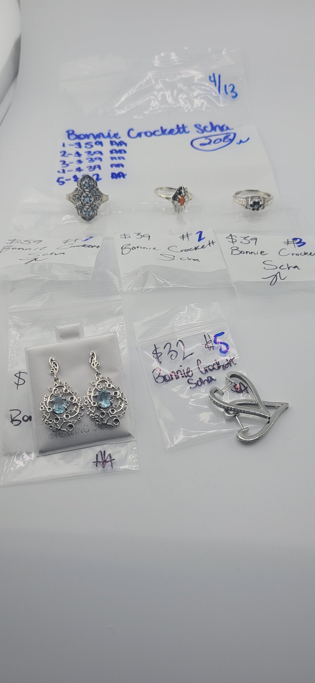 RESERVED FOR: Bonnie Crockett Scha- 4/13/2025 tiktok Live Show -5 Sterling Silver Items