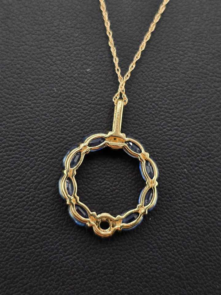 14k Gold Sapphire & Diamond Halo Circle Pendant on 14k Gold 18" Chain