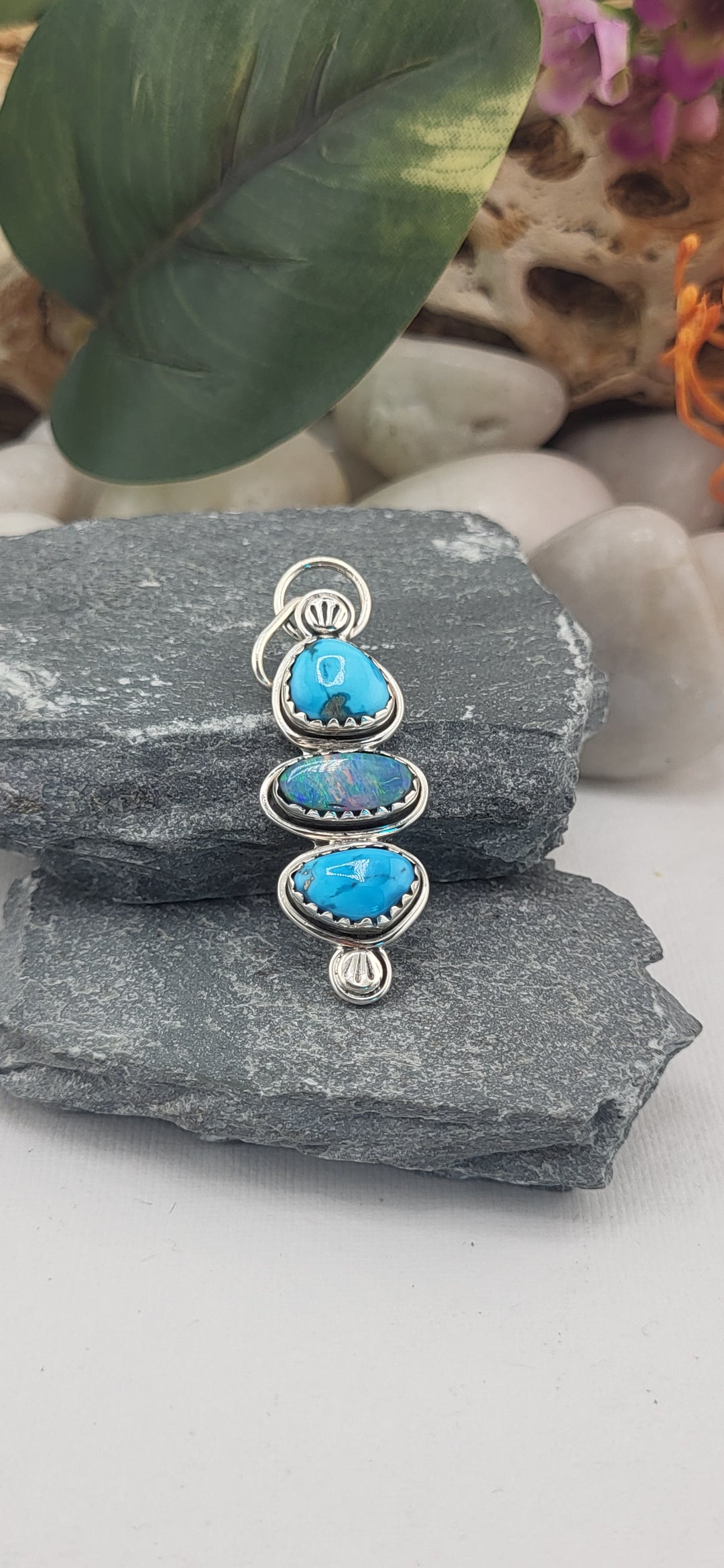 Blue Kingman turquoise and Australian opal dublet Southwest Pendant