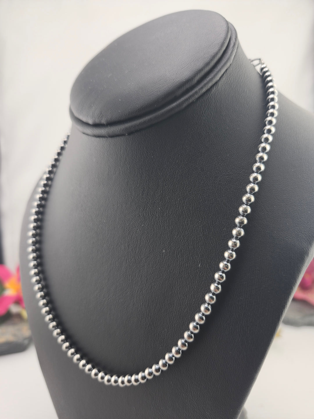 4mm 16"+2" Oxidized 925 Sterling Silver Bead Necklace