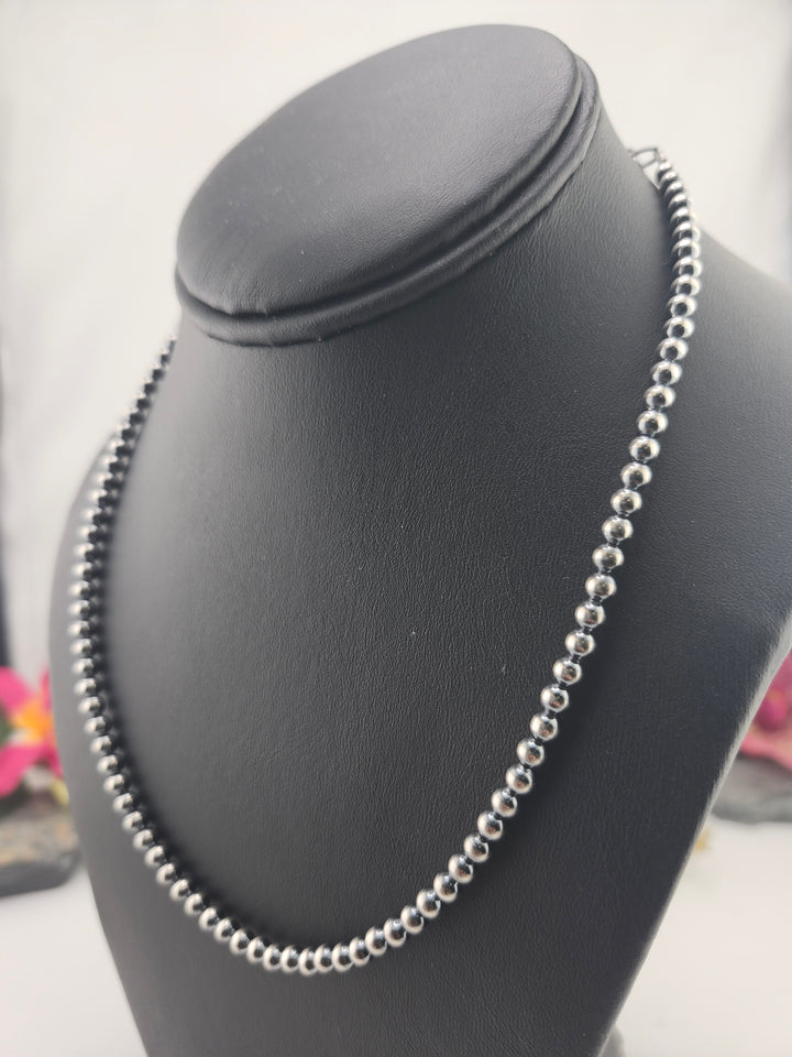 4mm 16"+2" Oxidized 925 Sterling Silver Bead Necklace