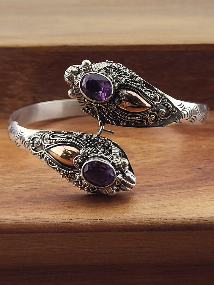 925 Sterling Silver Double Dragon Head w/Amethyst and 18k Accents