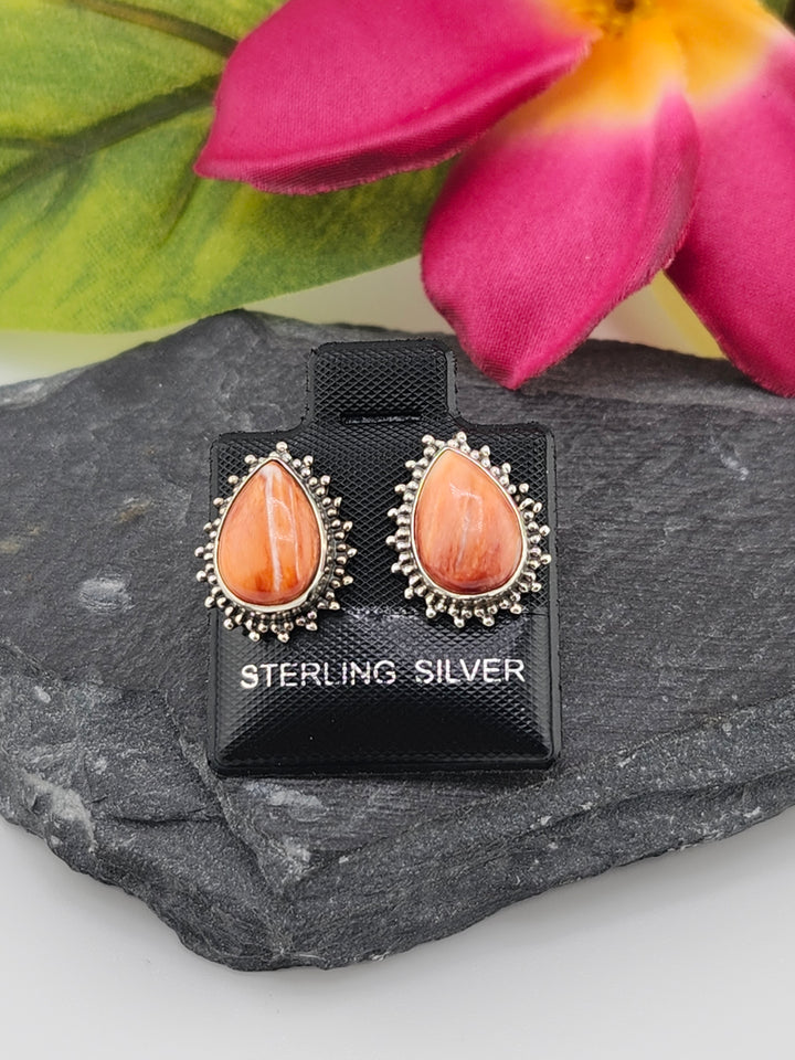 Orange Spiny Oyster Teardrop Stud Earrings