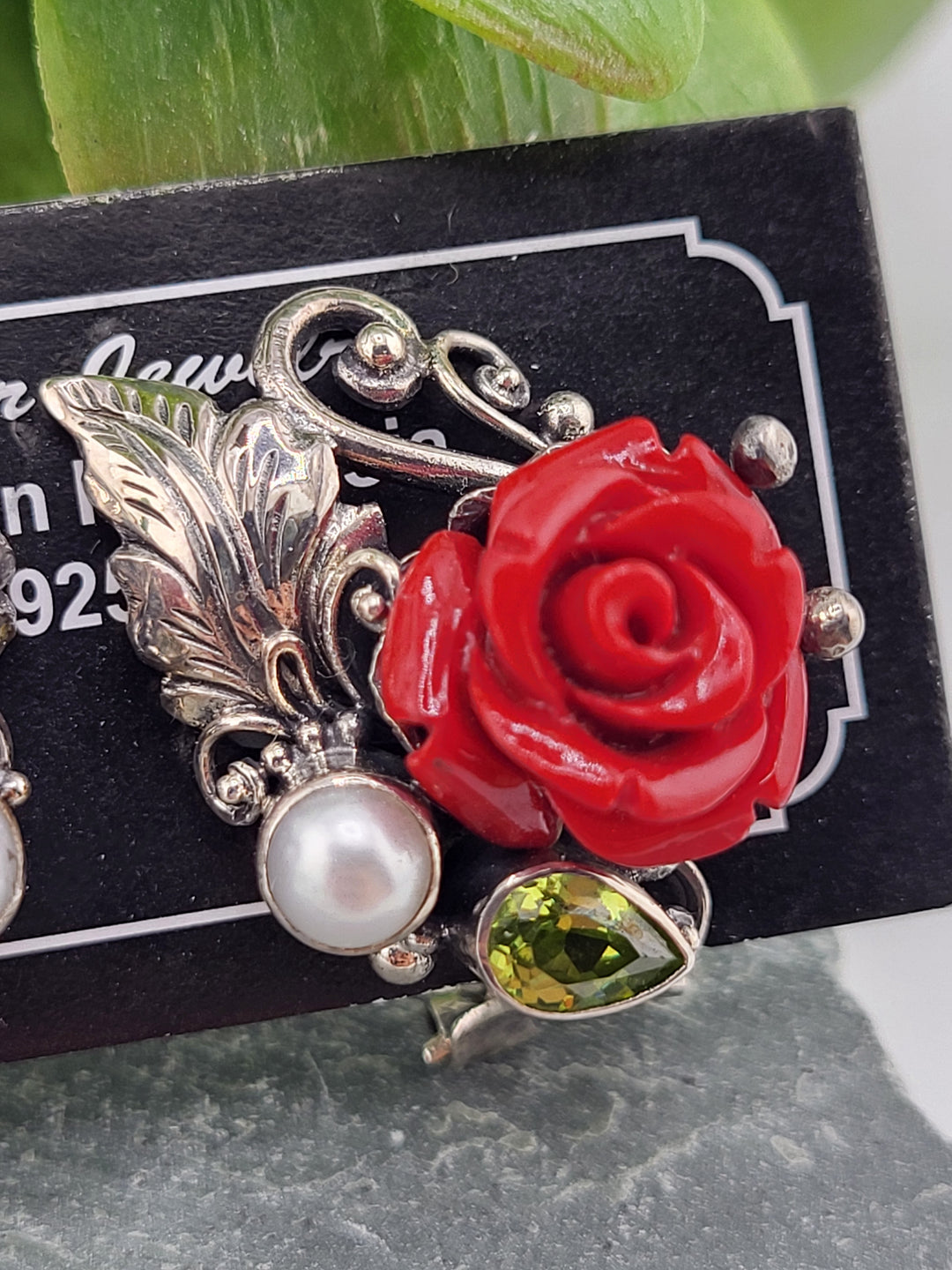 925 Sterling Silver Carved Resin Rosebud Omega Back Earrings with Pearl and Peridot