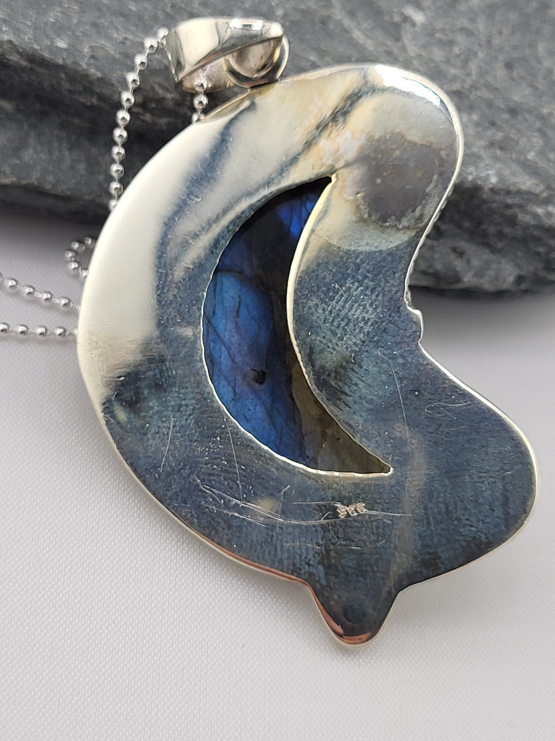 Carved Blue Labradorite Crescent Moon Necklace
