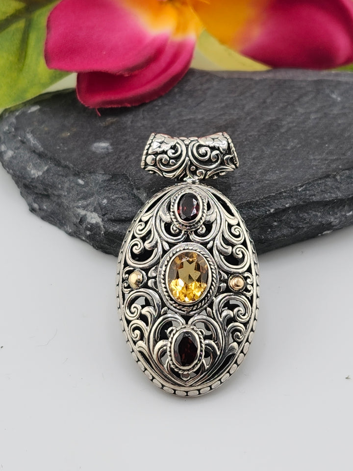 Citrine/Garnet & 18k Accented Bali Pendant