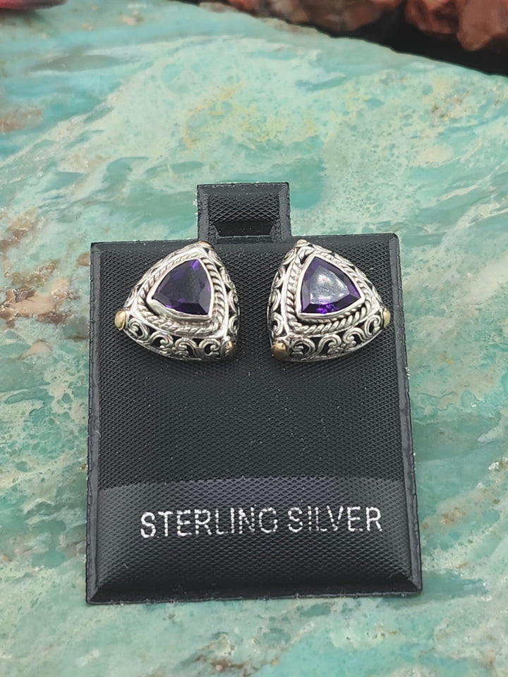 Bali 925 Sterling Silver/18K and Amethyst Stud Earrings