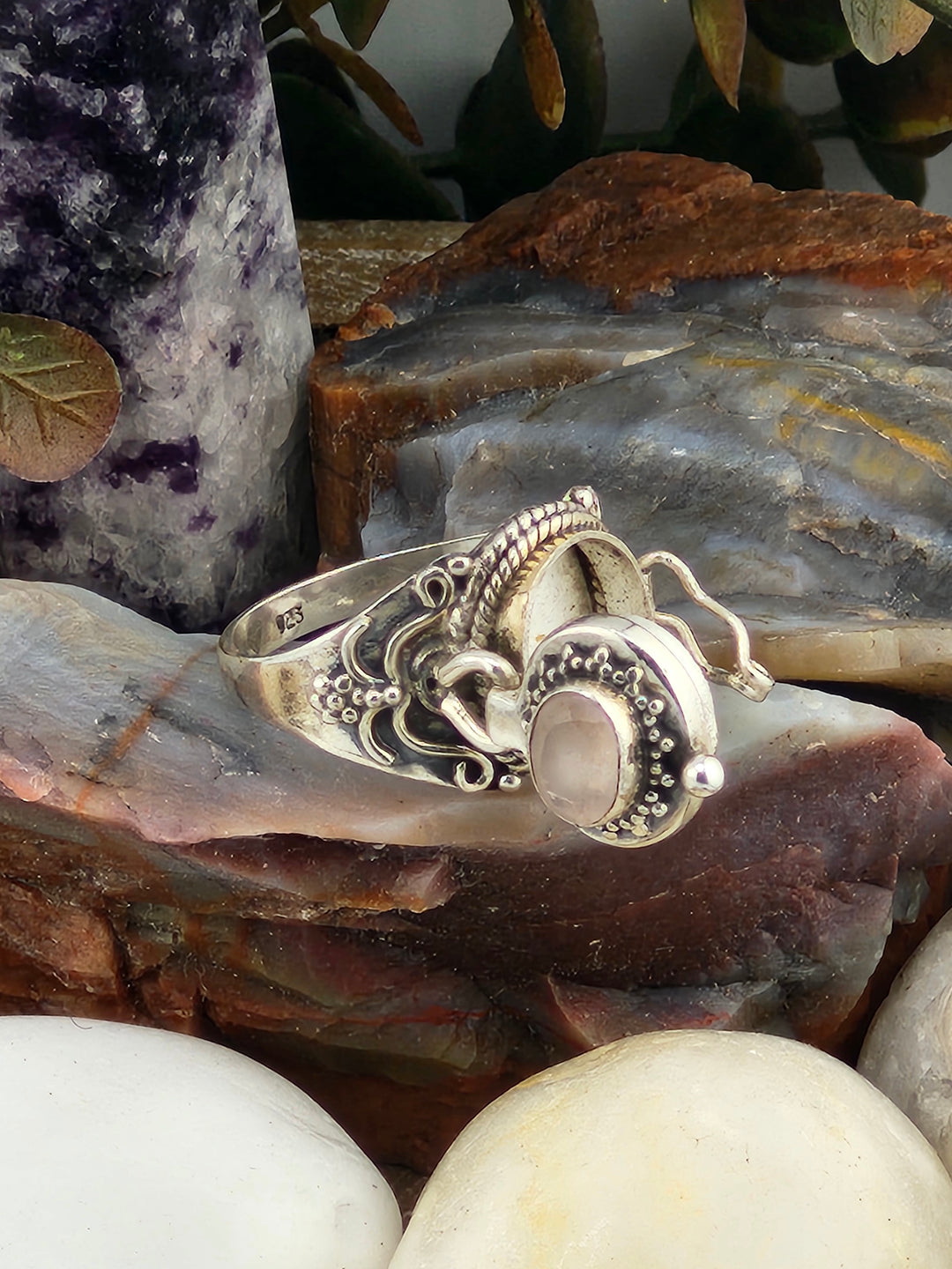 Rose Quartz & 925 Sterling Silver Lockett Ring Size 8
