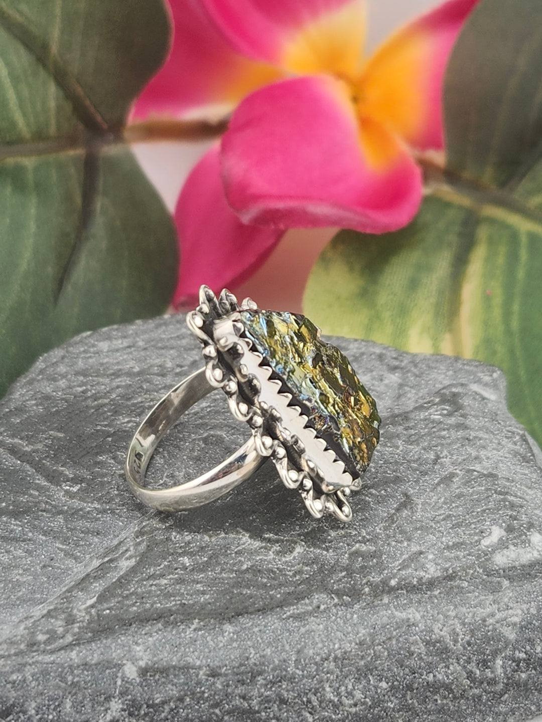 Titanium Druzy 925 Sterling Silver Ring Size 6