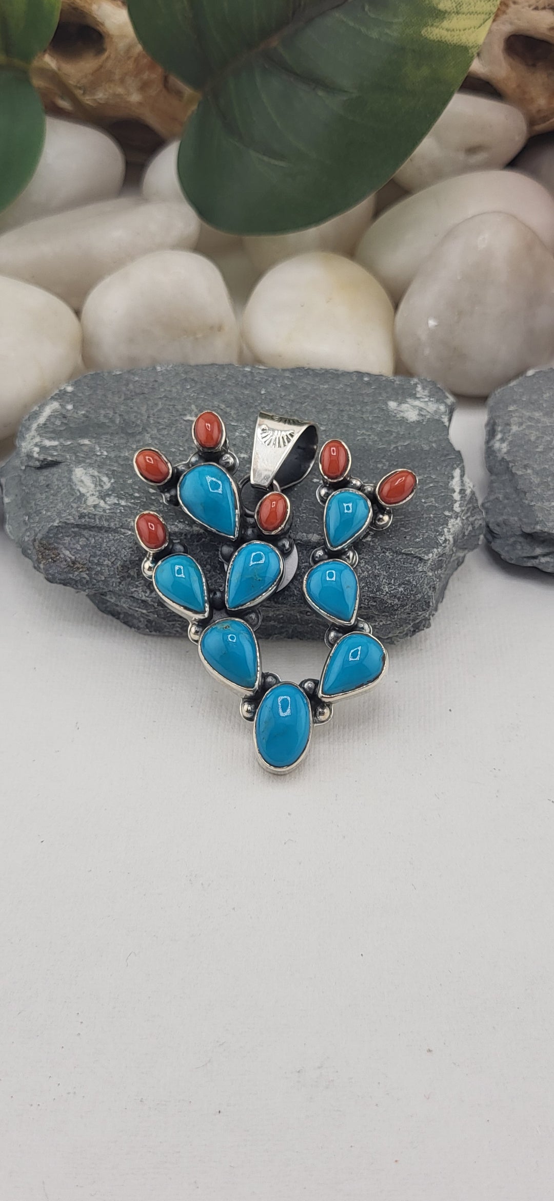 Turquoise and Italian Coral cactus Southwest Pendant