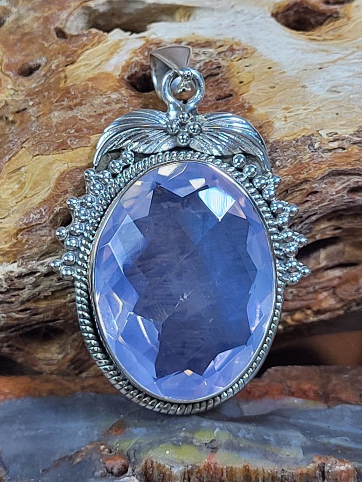 Natural Lavender Quartz 925 Sterling Silver Rose Cut Pendant - 1 3/4"