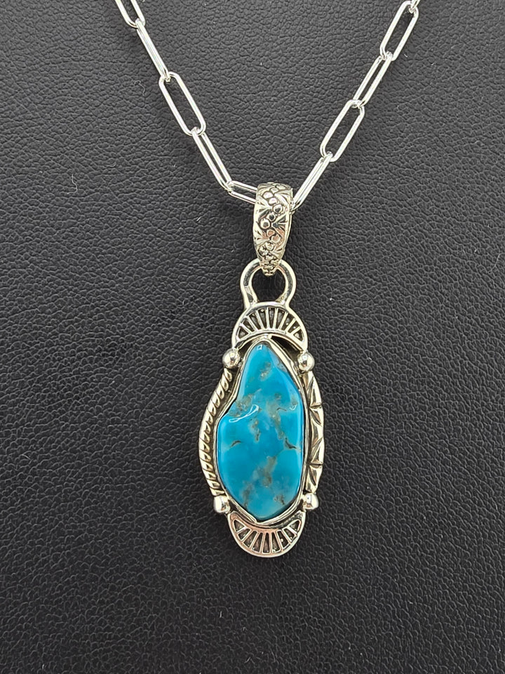 Raw Kingman Turquoise 925 sterling silver pendant w/ 18" 3mm paperclip Chain