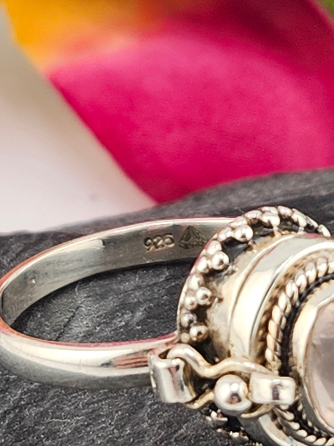 Rose Quartz and 925 Sterling Silver Locket Ring - Size 10