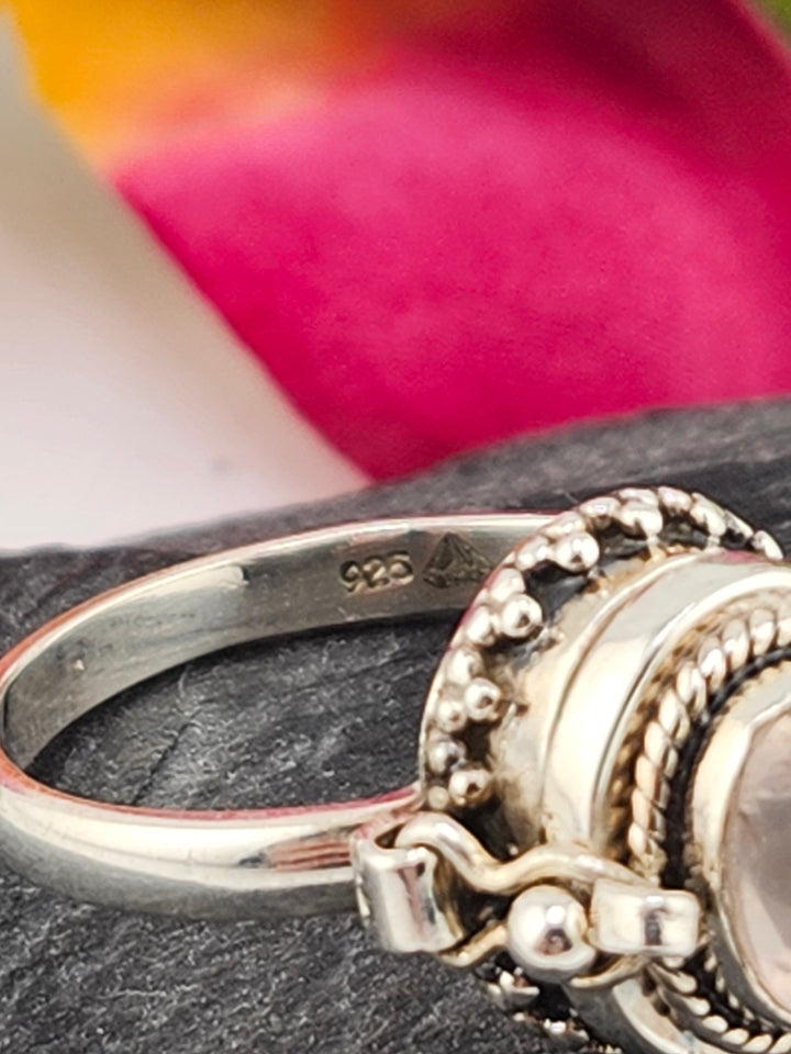 Rose Quartz and 925 Sterling Silver Locket Ring - Size 10