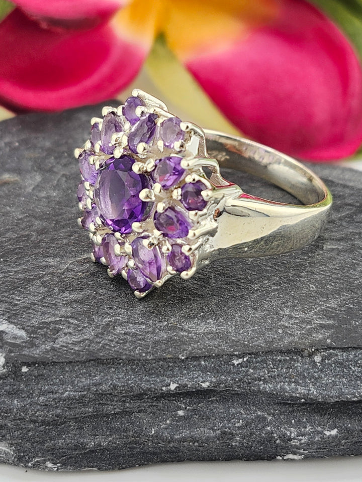 Cluster Amethyst Flower Ring Size 10
