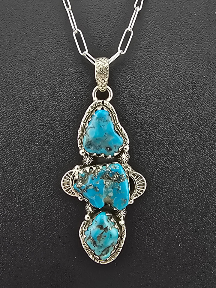 Raw Kingman Turquoise triple stone 925 sterling silver pendant w/ 18" 3mm paperclip Chain