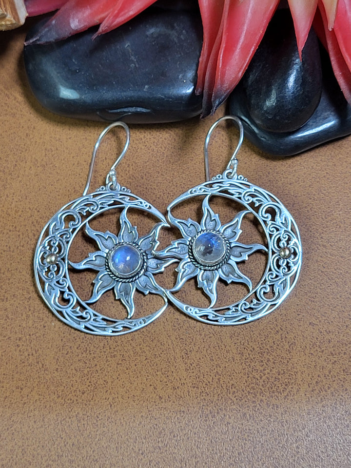 Natural Moonstone Moon Dangles 925 Sterling Silver + 18k Accents