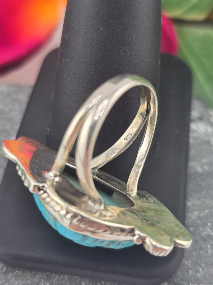 Carved American Turquoise sterling silver 925 ring size 8