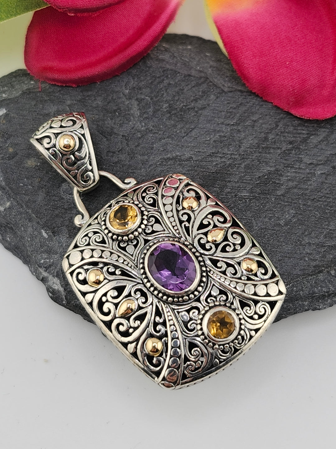 Amethyst/Citrine & 18k accented Bali Pendant