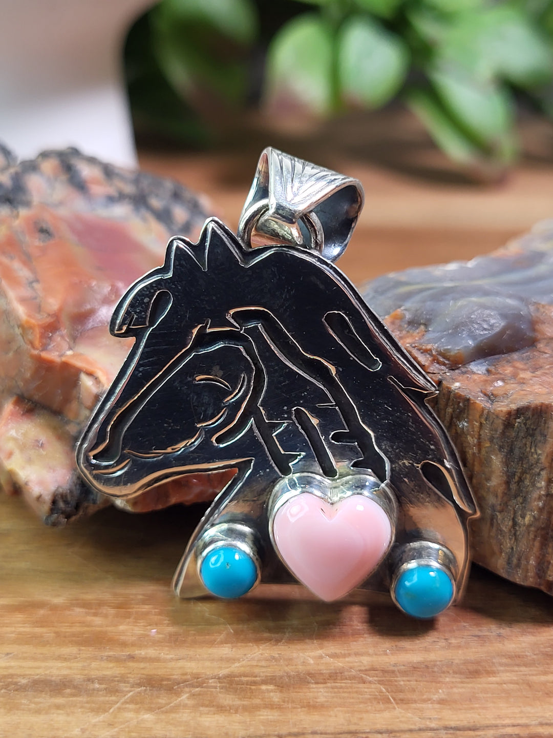Natural Queen Conch & Turquoise Horse Pendant 925 Sterling Silver