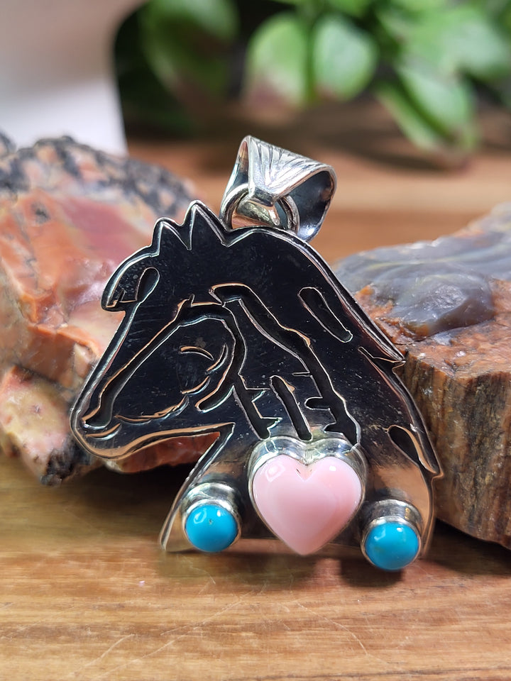 Natural Queen Conch & Turquoise Horse Pendant 925 Sterling Silver
