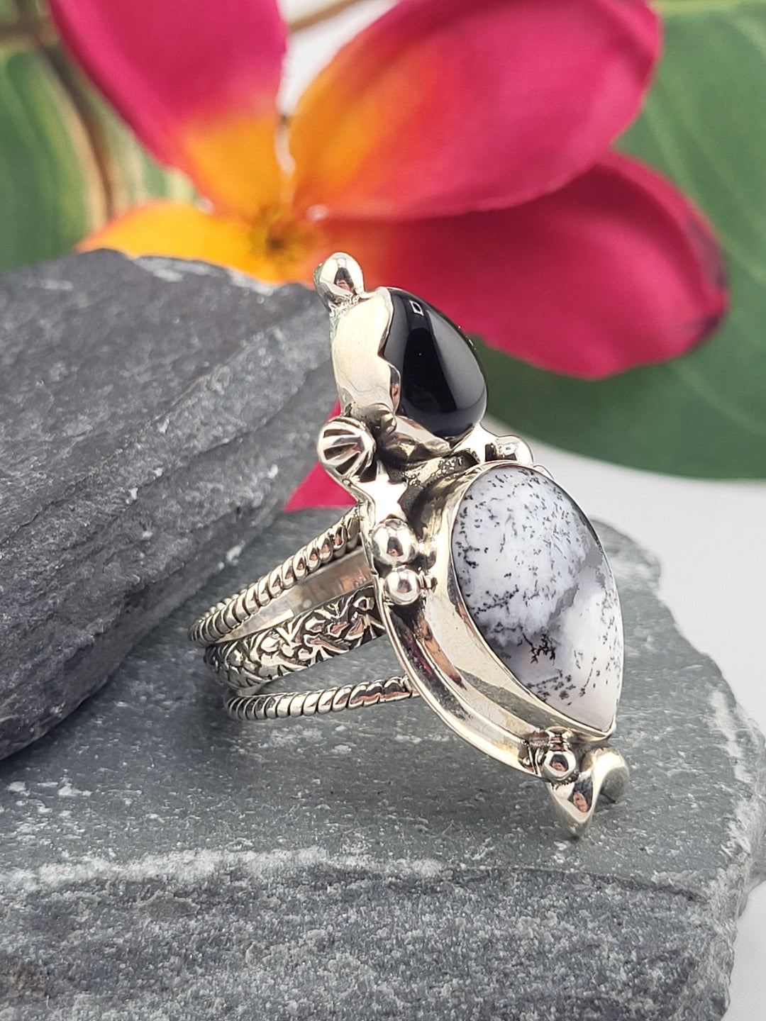 Dendritic Opal & Black Onyx Ring Size 9