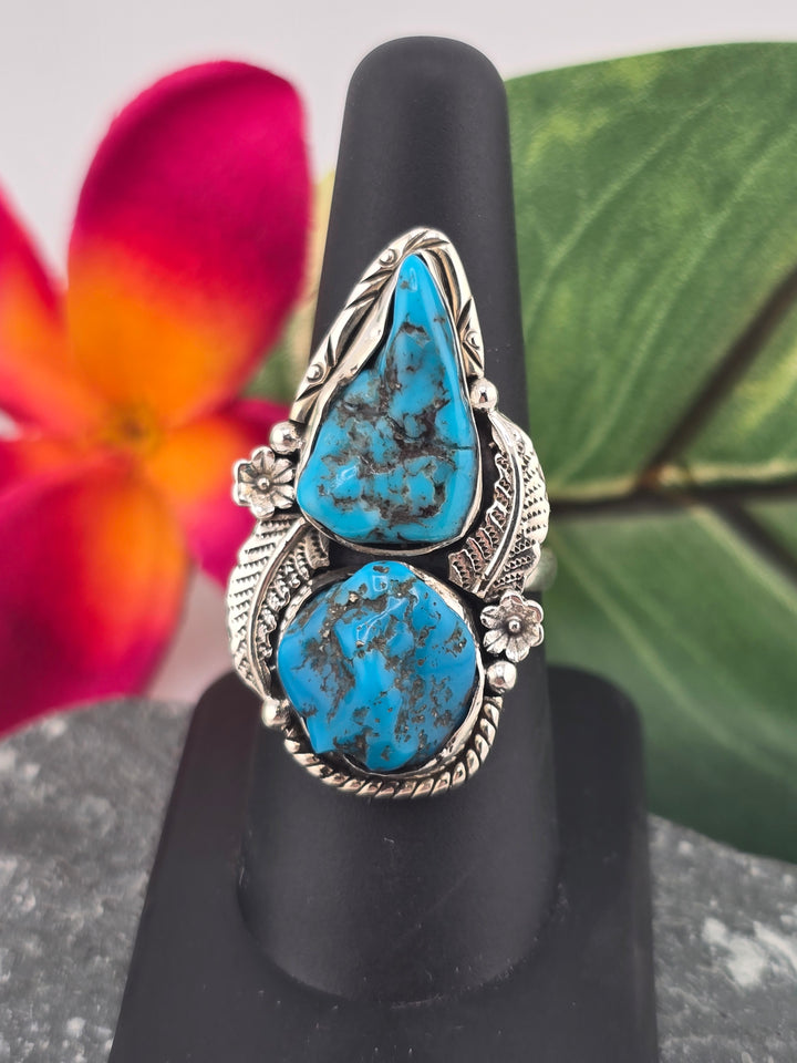 Double stone Kingman Turquoise sterling silver 925 ring size 8