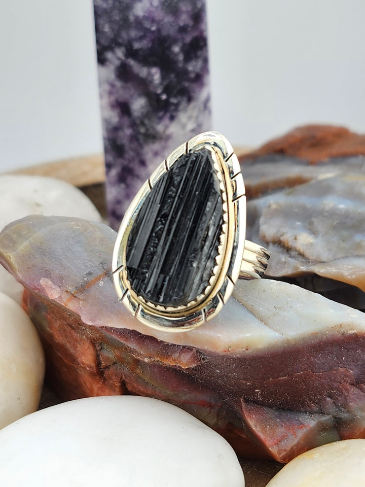Raw Black Tourmaline 925 Sterling Silver Ring Size 8