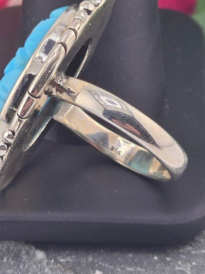 Carved American Turquoise sterling silver 925 ring size 8.5