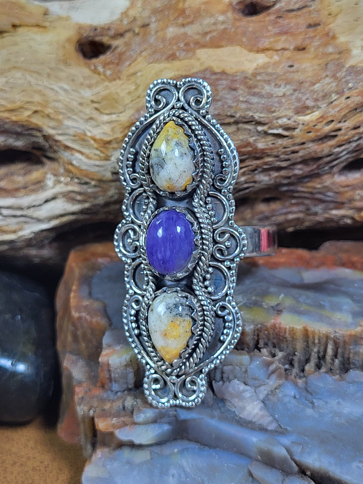 Natural Bumblebee Jasper and Charoite 925 Sterling Silver Triple Stone Ring - Size 9 1/2