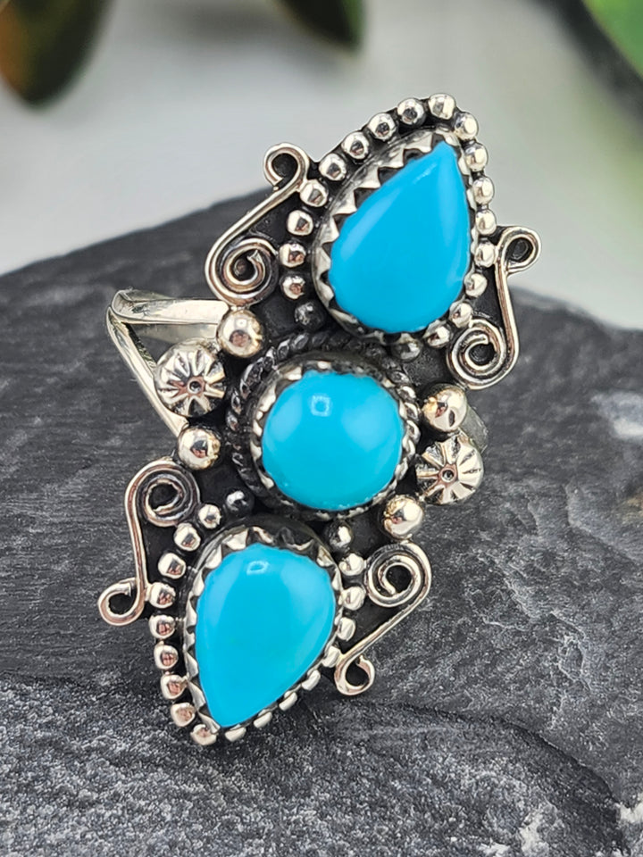 American Turquoise Triple Stone and 925 Sterling Silver Ring - Size 9.5