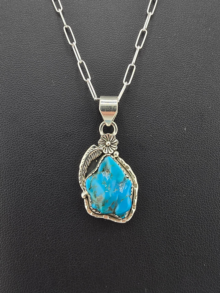 Raw Kingman Turquoise 925 sterling silver pendant w/ 18" 3mm paperclip Chain
