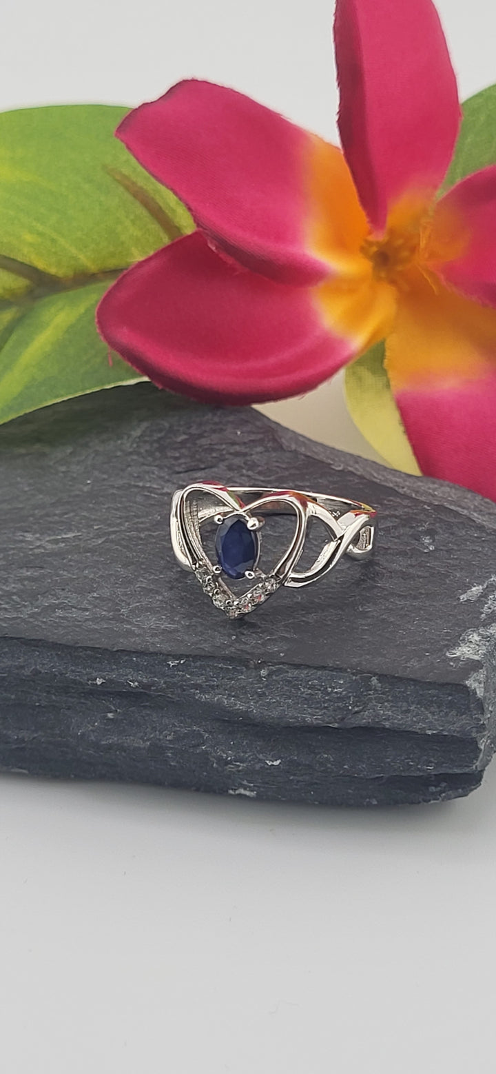 Sapphire and 925 Sterling Silver Heart Ring with cz