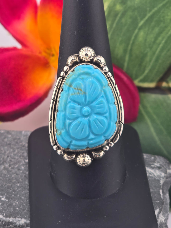 Carved American Turquoise sterling silver 925 ring size 9