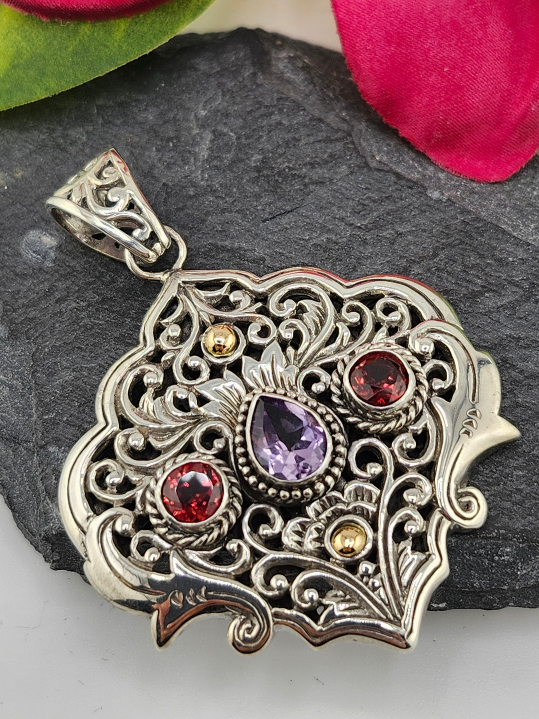 Amethyst/Garnet & 18k Accented Bali Pendant