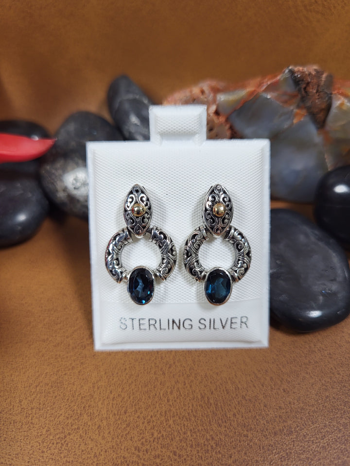 London Blue Topaz w/18K accents Post Back Earrings 925 Sterling Silver