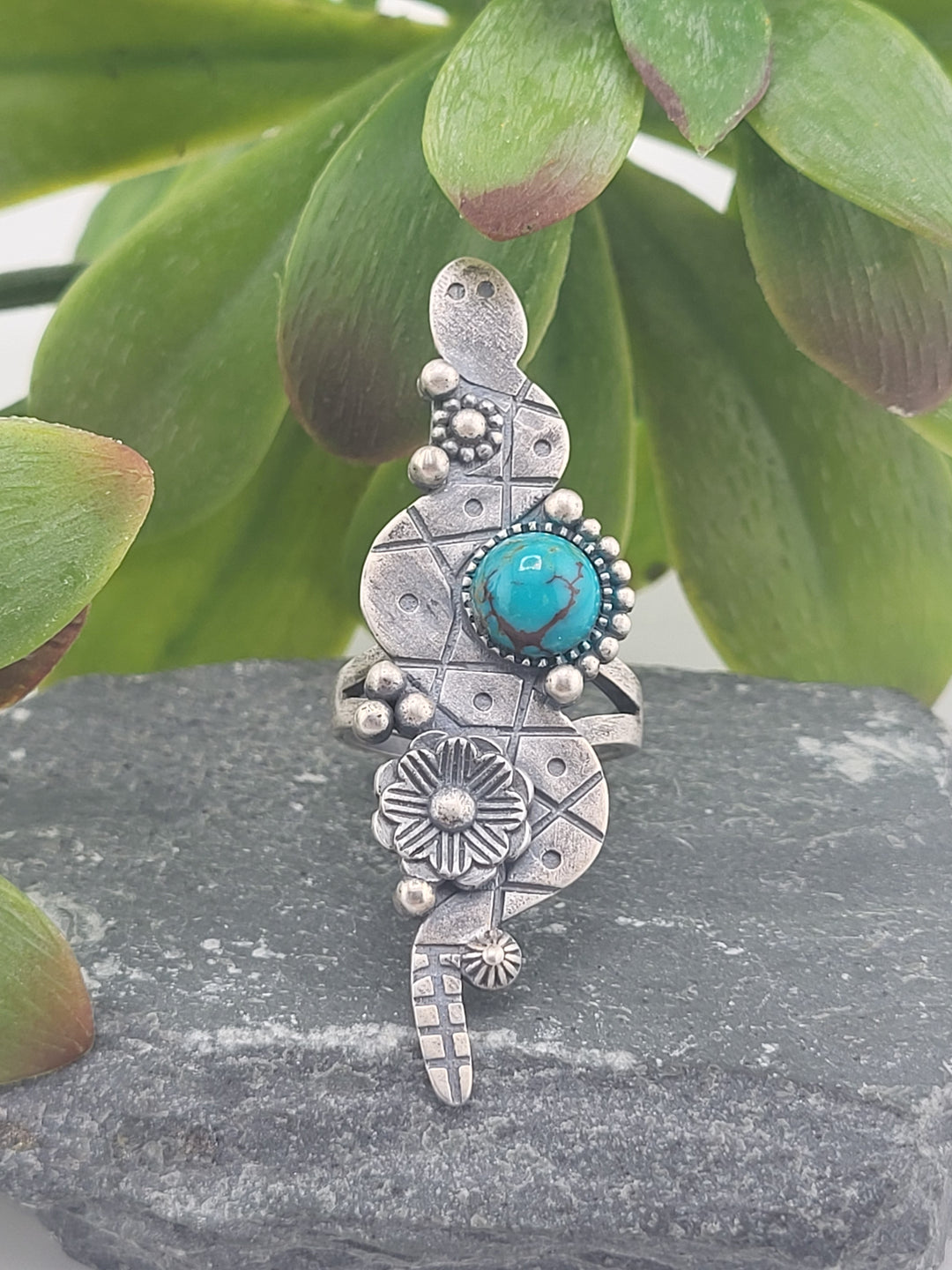 925 Sterling Silver Turquoise Floral Snake Ring