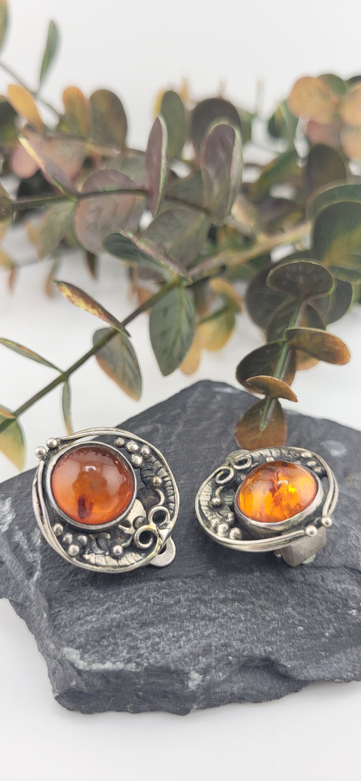Designer SOMS 925 Sterling Silver &amp; Baltic Amber Clip On Earrings