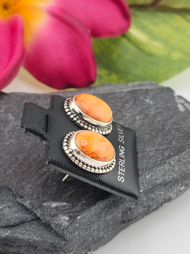 Orange Spiny Oyster Oval Stud Earrings