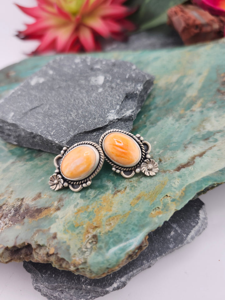 Southwest 925 Sterling Silver Orange Spiny Stud Earrings