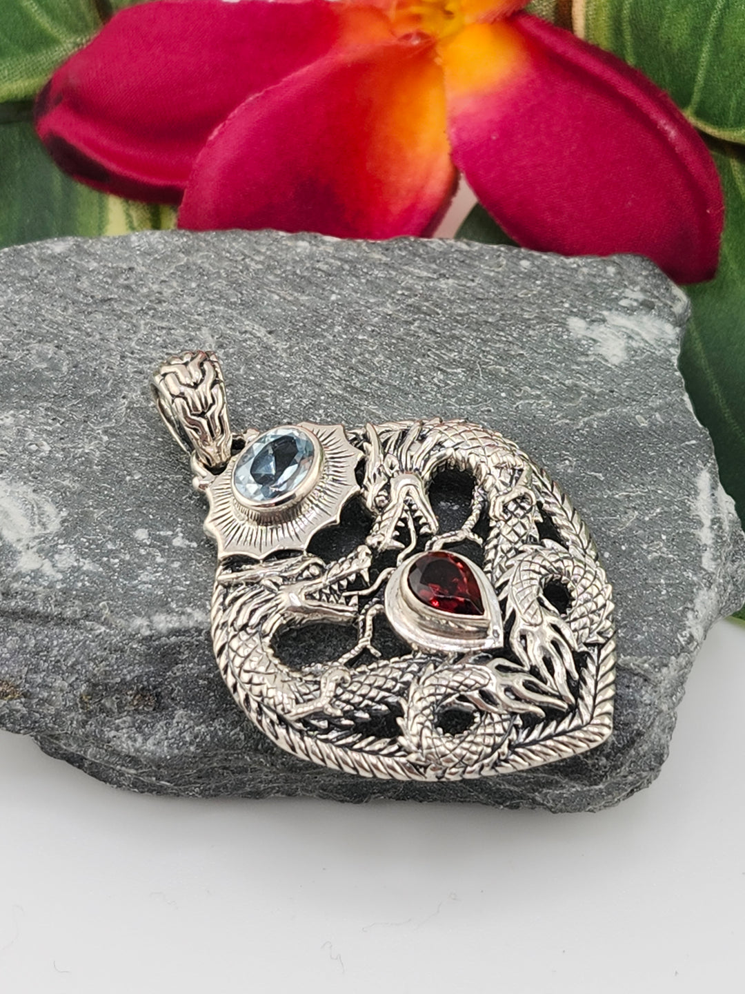Topaz & Garnet Double Dragon Pendant