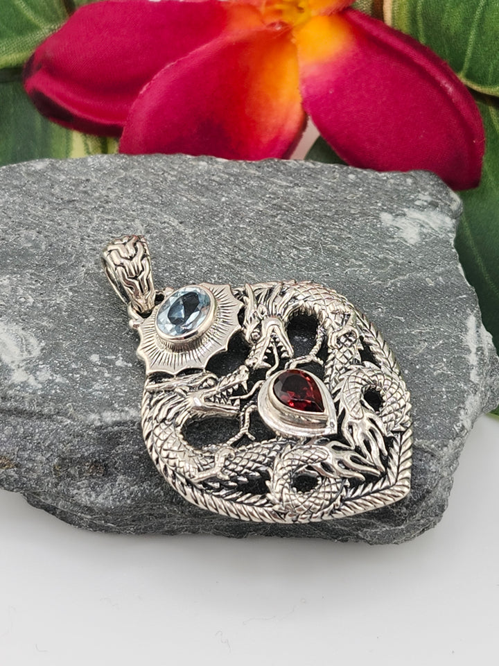 Topaz & Garnet Double Dragon Pendant