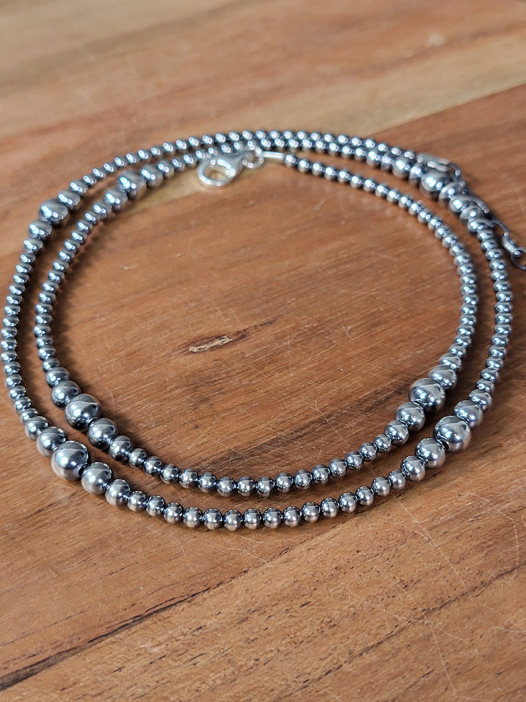Oxidized Sterling Silver Graduated Bead Station Necklace 3‐6mm 24"+2" extension