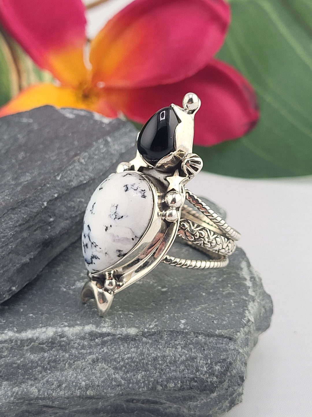 Dendritic Opal & Black Onyx Ring Size 9