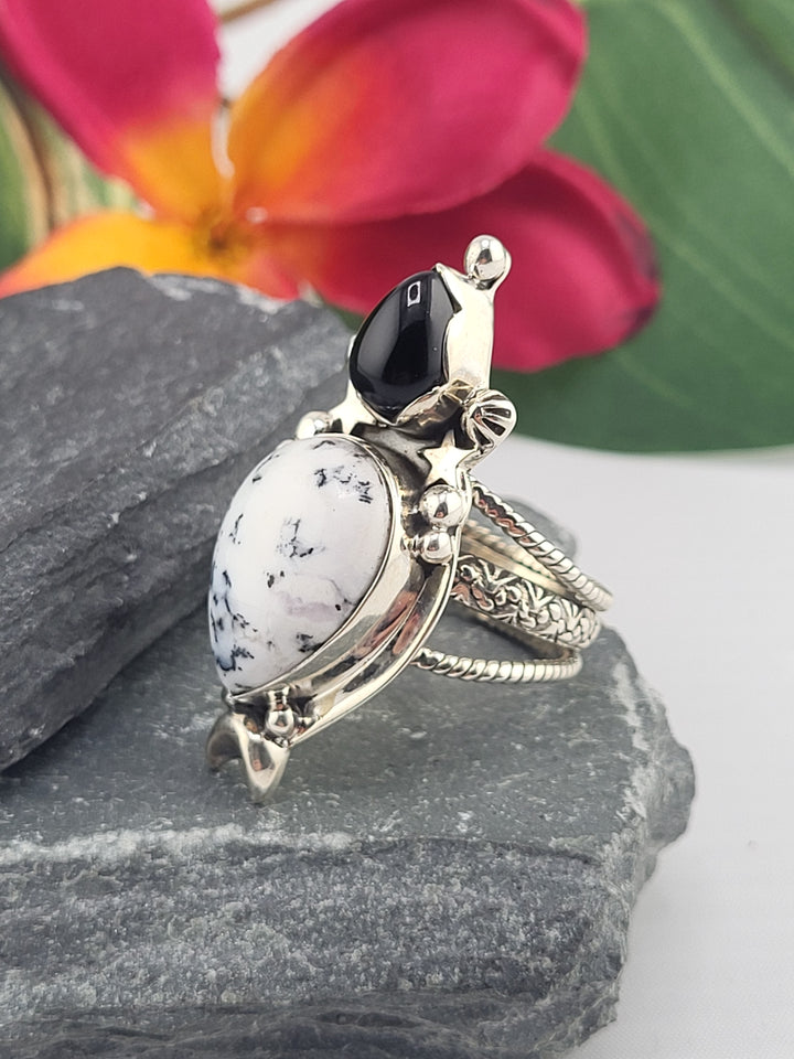 Dendritic Opal & Black Onyx Ring Size 9